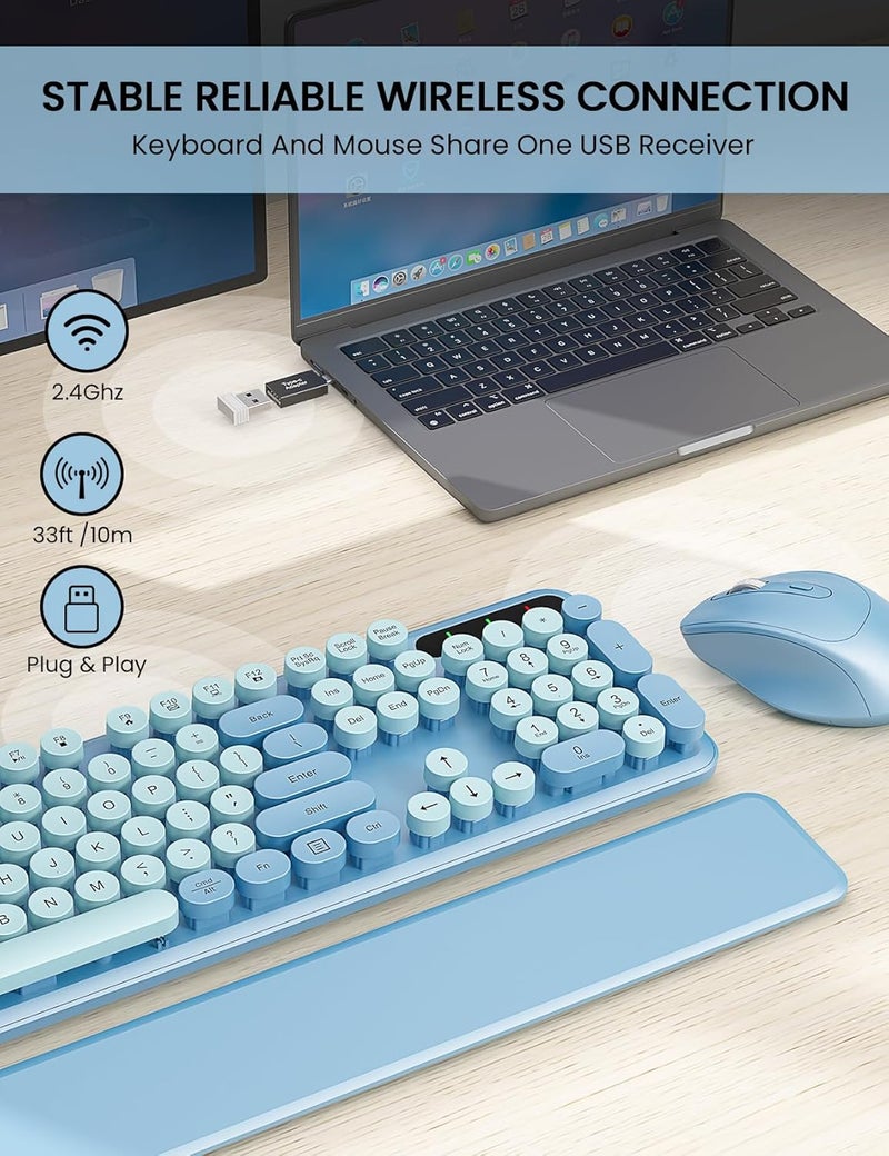Trueque Wireless Keyboard and Mouse Combo - Cute Typewriter Keyboard with Detachable Wrist Rest, Retro Round Keycaps, Foldable Legs, 2.4GHz Full-Size for PC, Laptop, Windows - (Glacier Blue) - Image 4